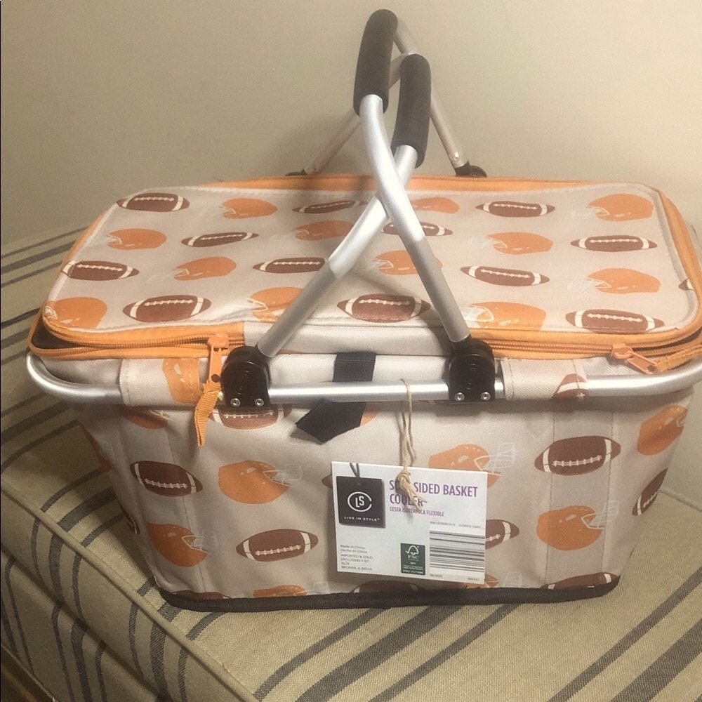 Football-Themed Insulated Picnic Basket - Soft Sided Cooler Orange and Brown - Picture 3 of 6